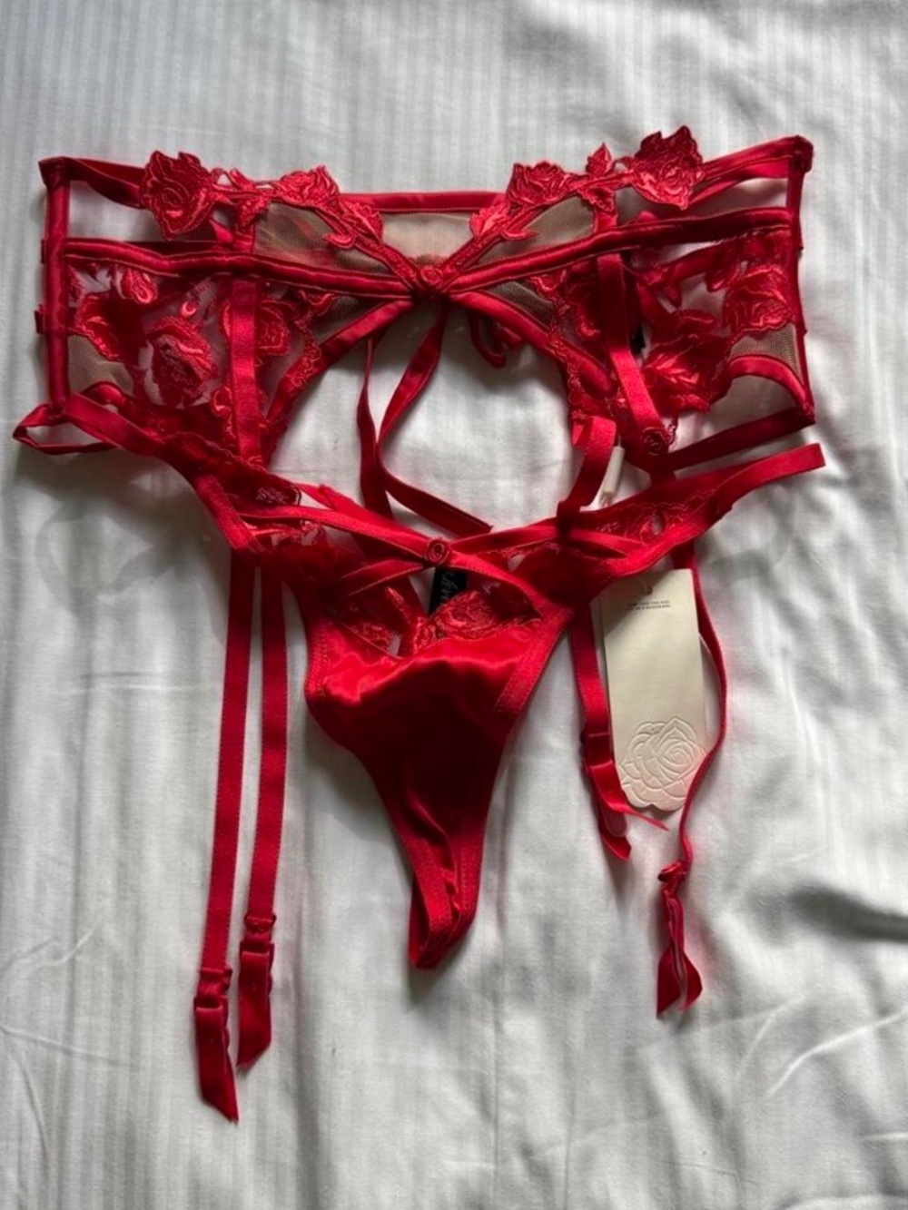 For Love & Lemons Red Rose Embroidered 2-Piece Lingerie Set